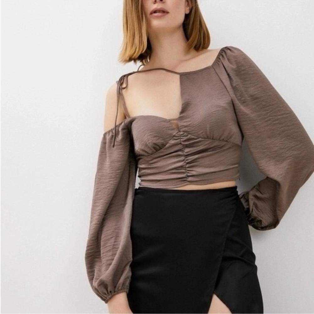 Topshop Crop Top with Tie Detail and Balloon Sleeves